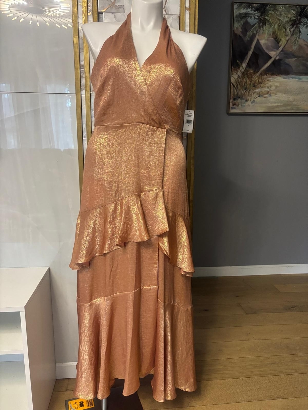 Shimmering Copper Halter Maxi Dress with Ruffle Tier
